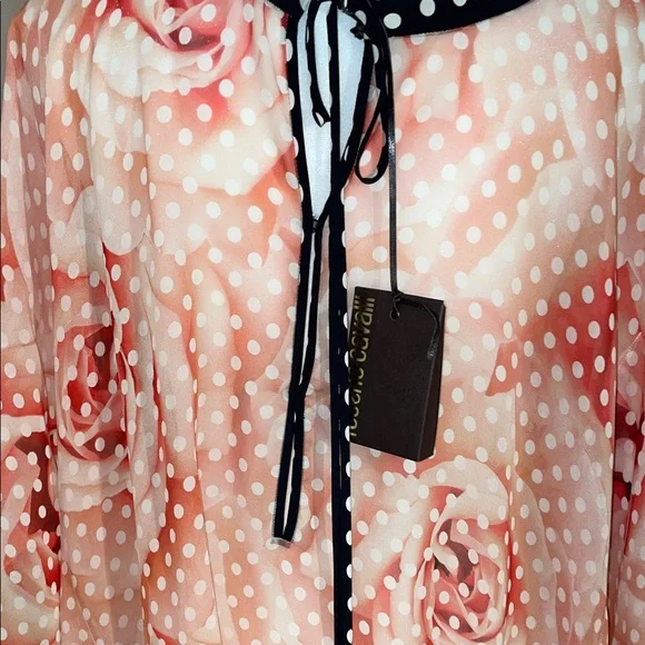 Roberto Cavalli silk Peach Polka Dot ,and rose print Sheer Tunic with Black Trim - Picture 8 of 10